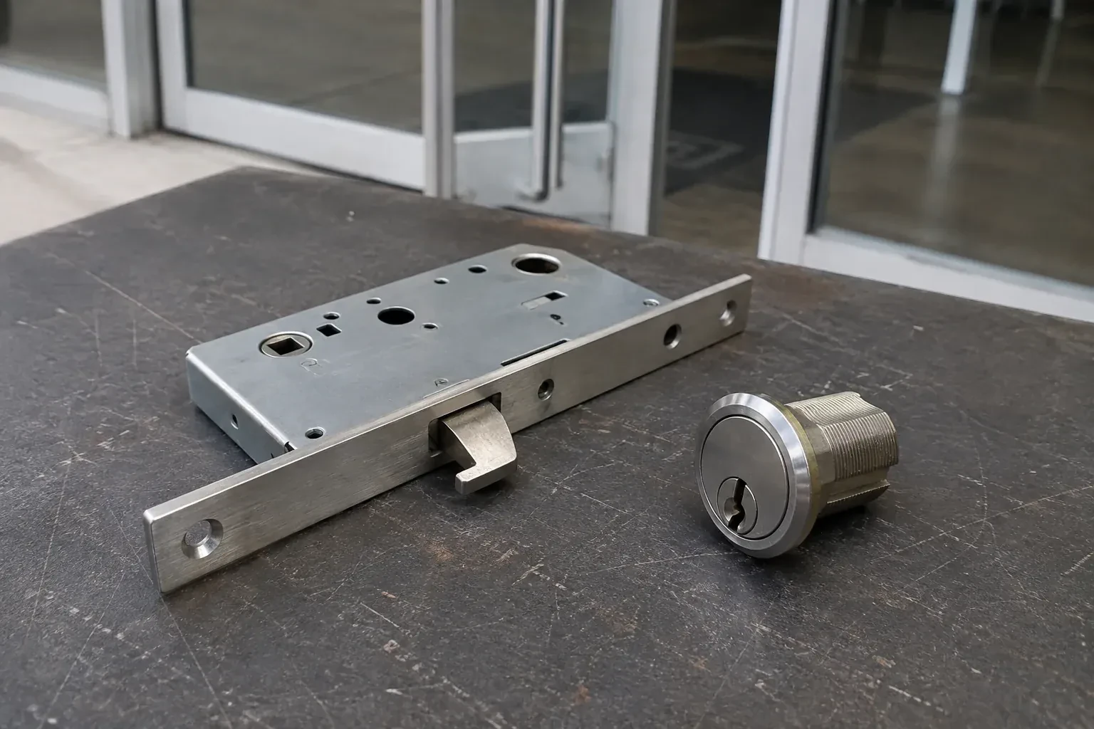 Detached mortise lock body with a projecting hook-shaped bolt beside a threaded cylinder. — Commercial-Grade Lock Replacement, Toronto