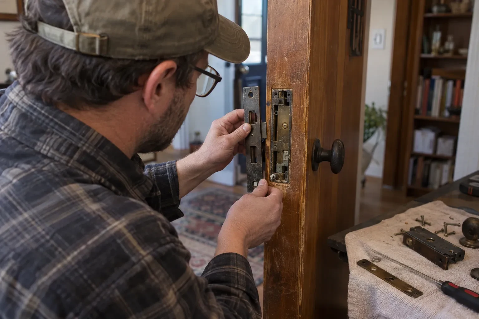 Person in a cap and glasses holding an old mortise lock plate against a bare slot in a wooden door edge.