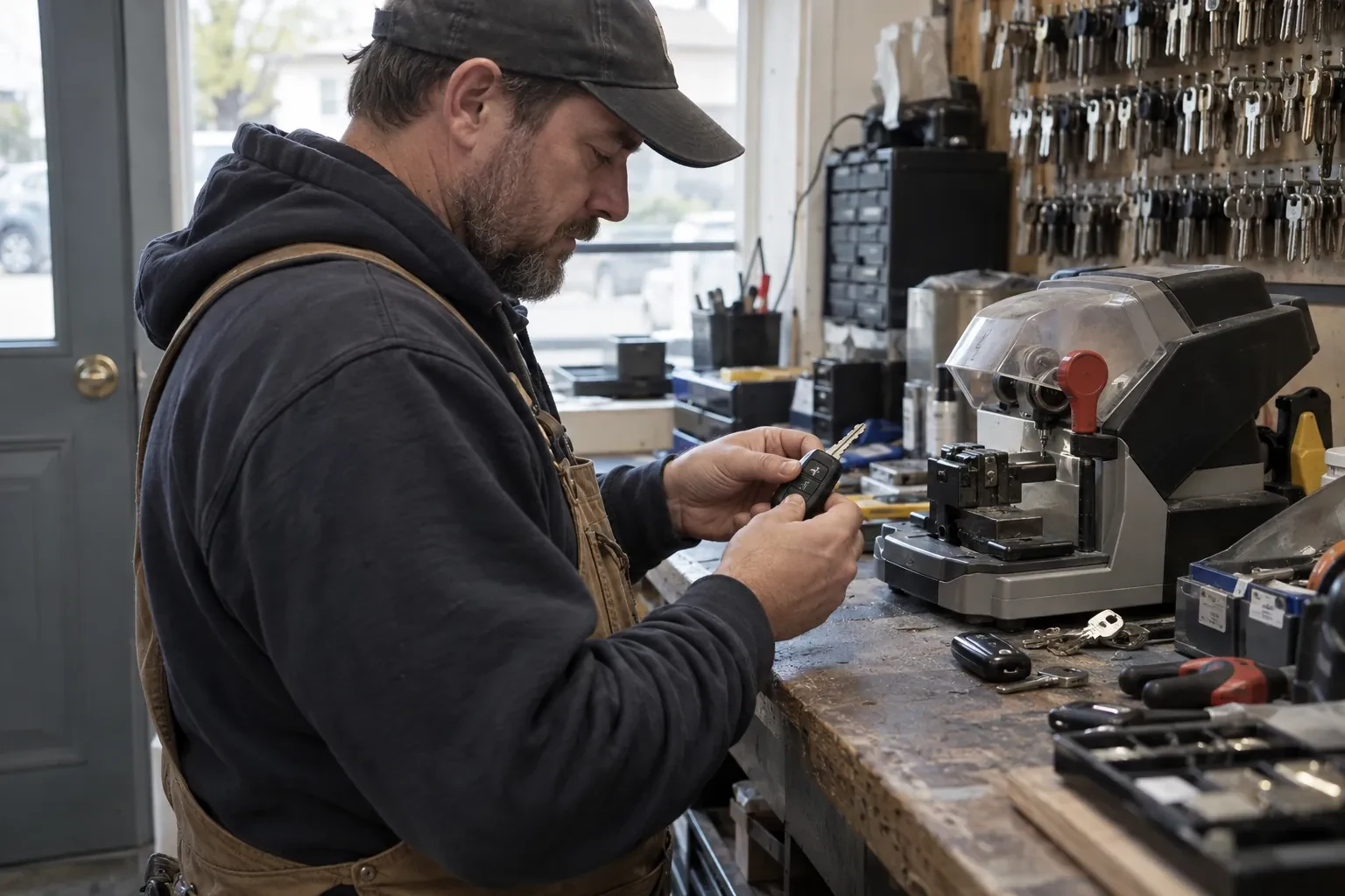 Person in an apron holding a car key fob beside a key-cutting machine, with rows of key blanks on the wall. — Princess Margaret