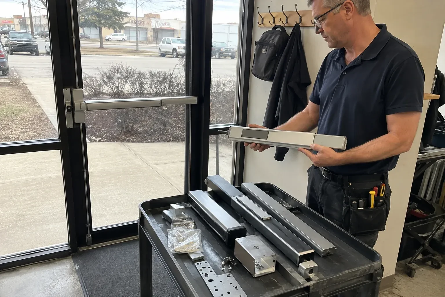 Person holding a long metal door-hardware assembly beside a cart of similar parts and a glass door fitted with a push bar. — Panic & Exit Hardware, Toronto