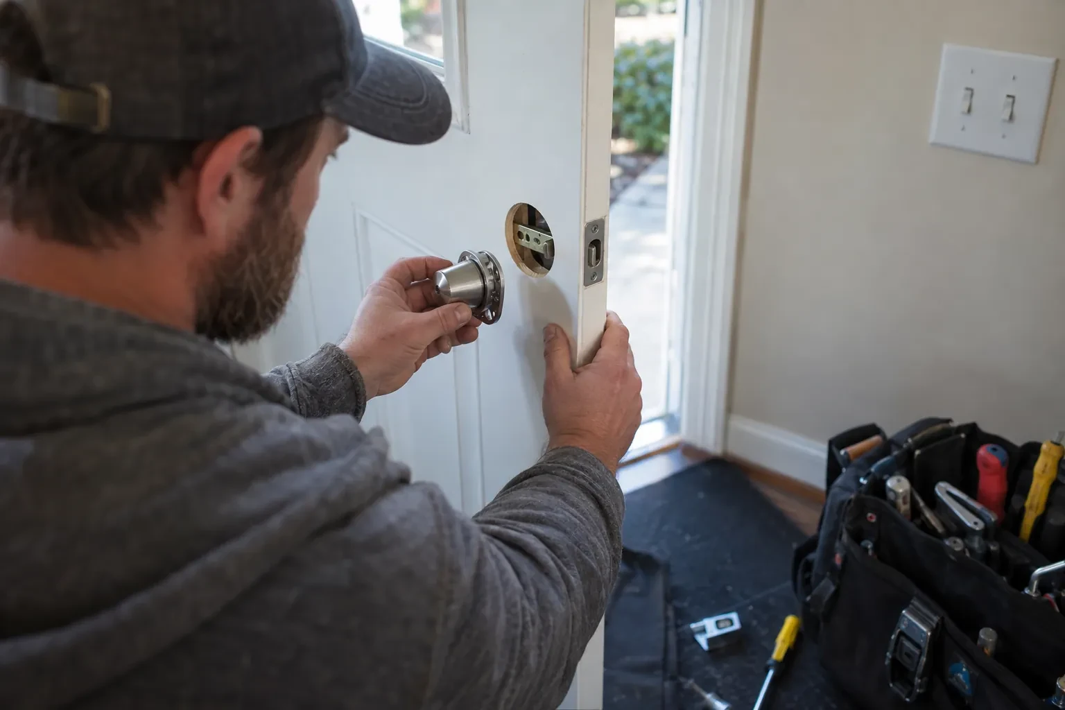 Technician holding a steel deadbolt to the round bore in a white door, with an open tool bag on a dark mat.