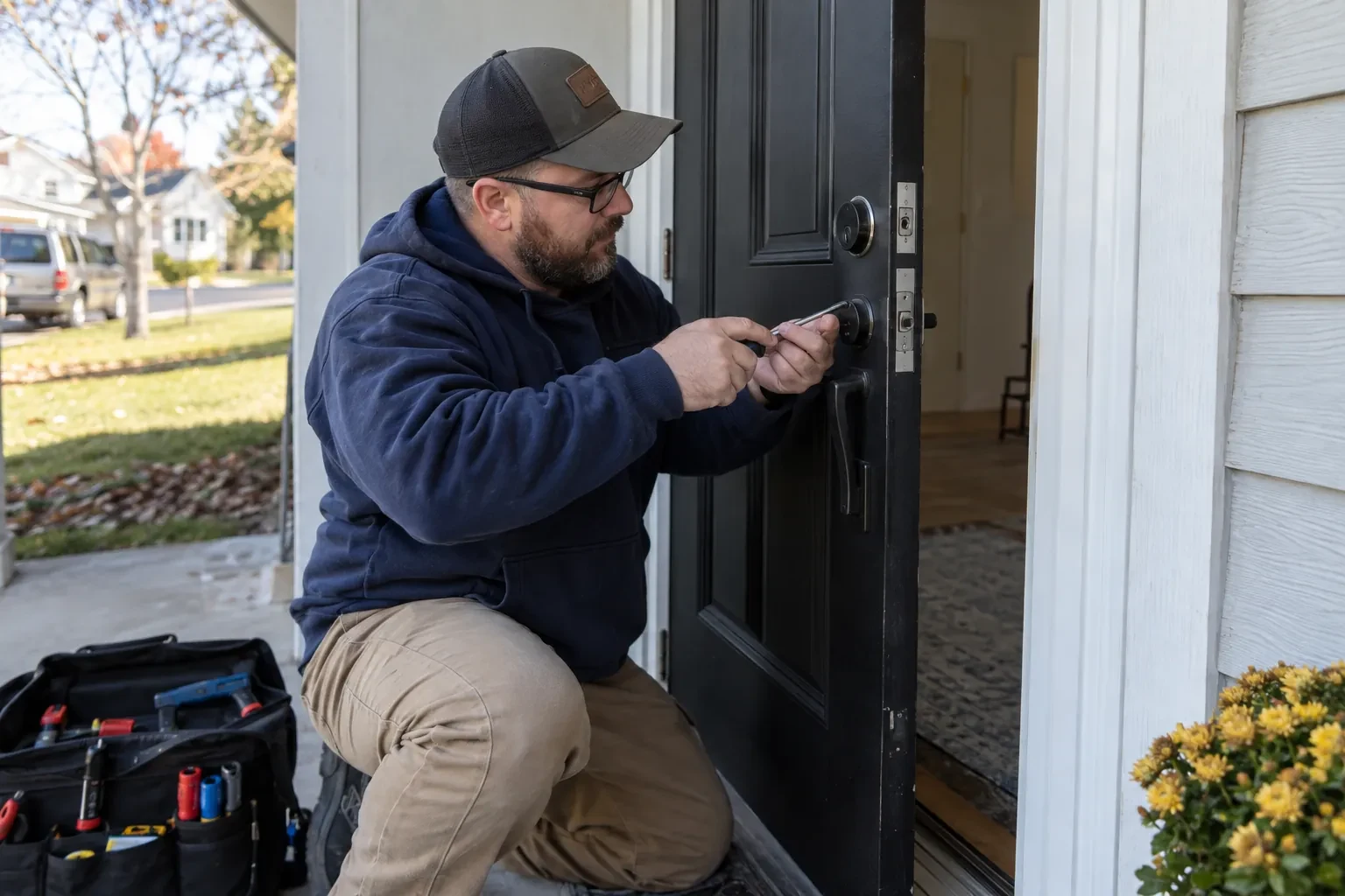 Kneeling technician using a small tool at the handle set of a black door, with an open tool bag and yellow flowers. — Toronto