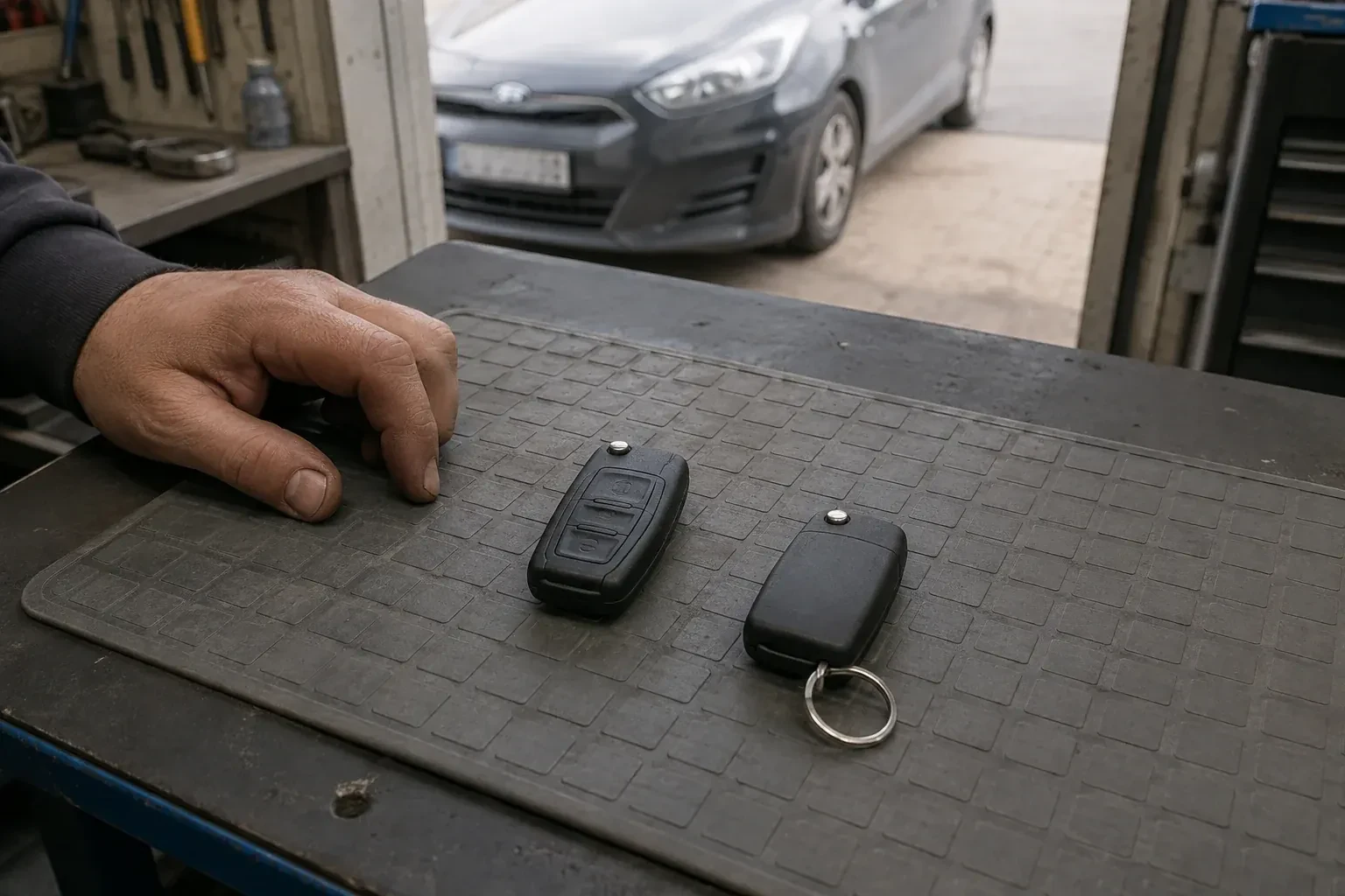 Two vehicle remote fobs on a work mat beside a technician’s hand, with a parked car beyond. — Key Fob Programming, Toronto