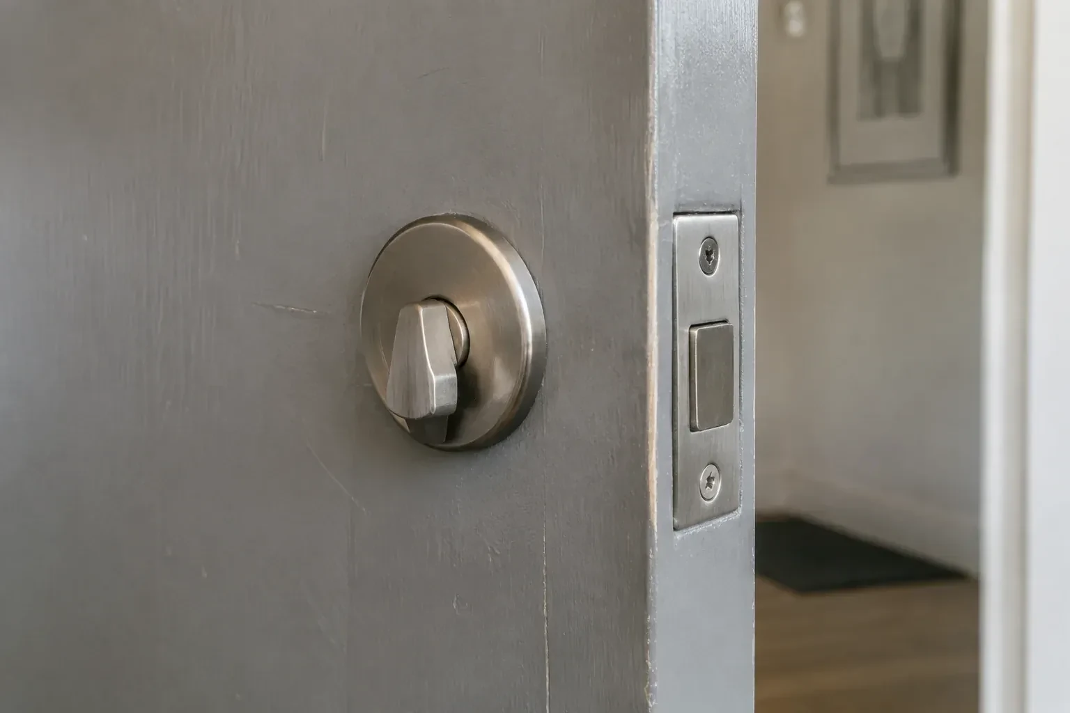 Close view of a satin-nickel deadbolt thumbturn and edge faceplate on a painted timber door. — Deadbolt Installation, Toronto
